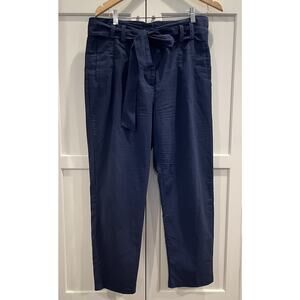 Aqua Linen /Cotton Belted Paper bag Cropped High Rise Pants Women's XL Navy